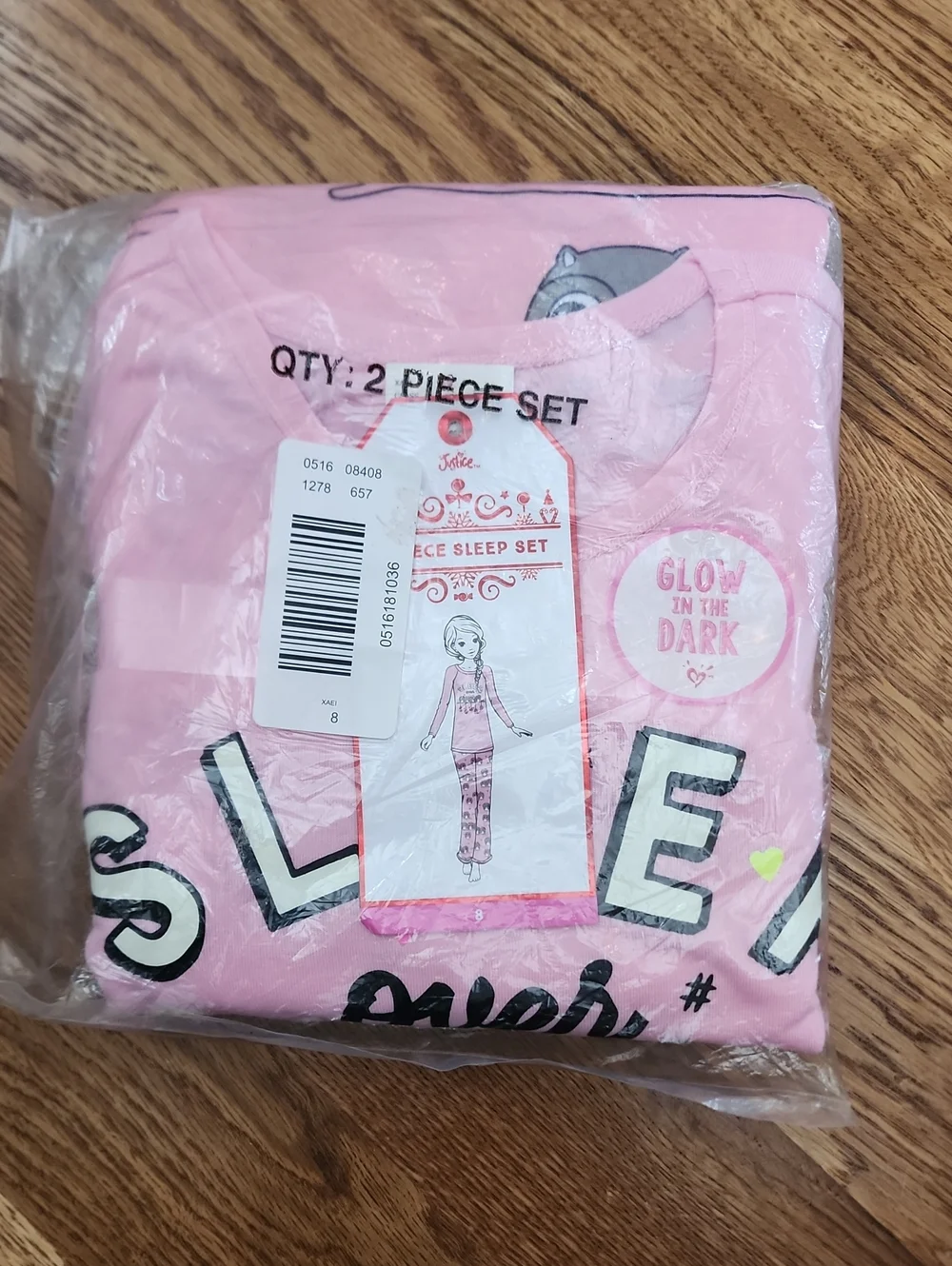 NIP Deadstock Justice Girls Glow-in-the-Dark PJ Set Size 8 Pink Original Retail